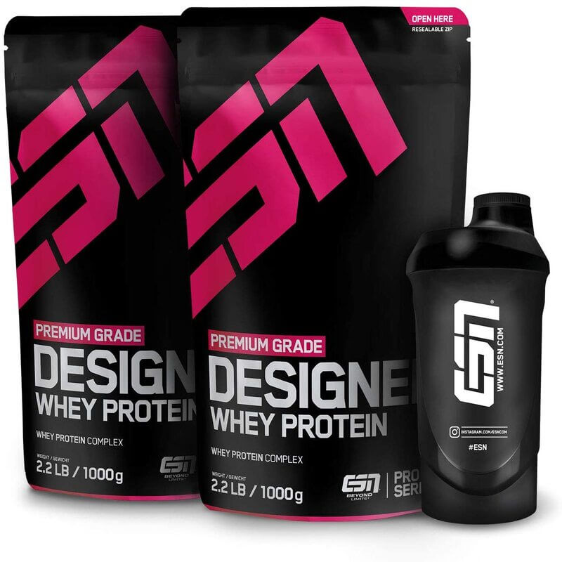 ESN Designer Whey, 2 x 1kg Beutel + Gratis ESN Shaker 2 x Vanilla (Classic), Eiweißpulver